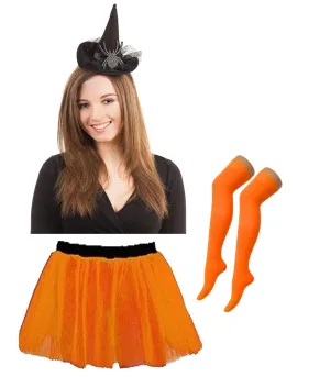 Black Witch Hat Headband with Diamante Spider Orange 3 Layer Tutu Skirt OTK Socks Halloween Scary Witch Costume