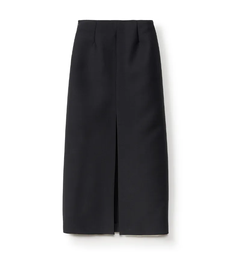 Black Wool Silk Midi Length Pencil Skirt