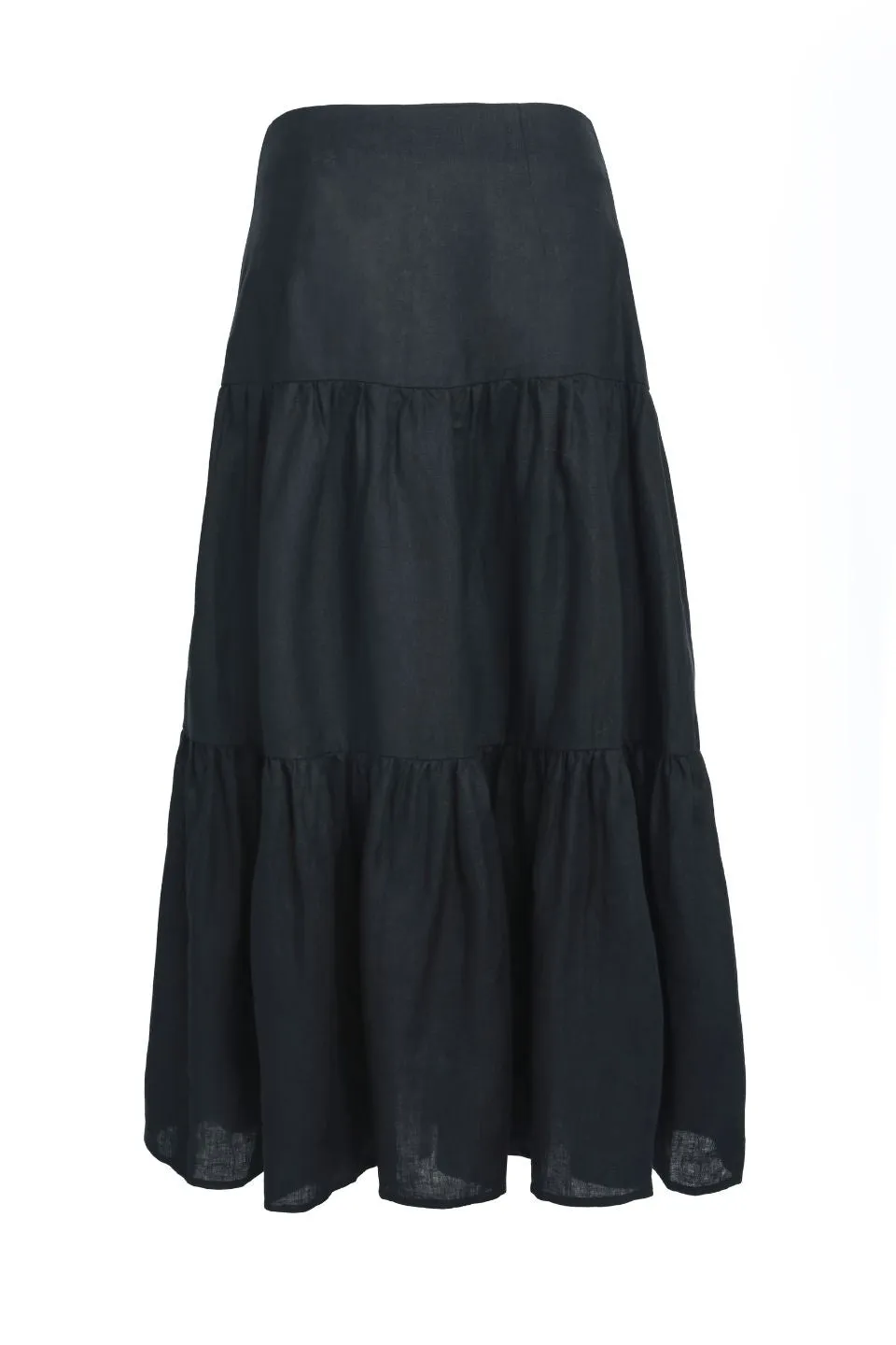 Blazing Black Tiered Linen Midi Skirt