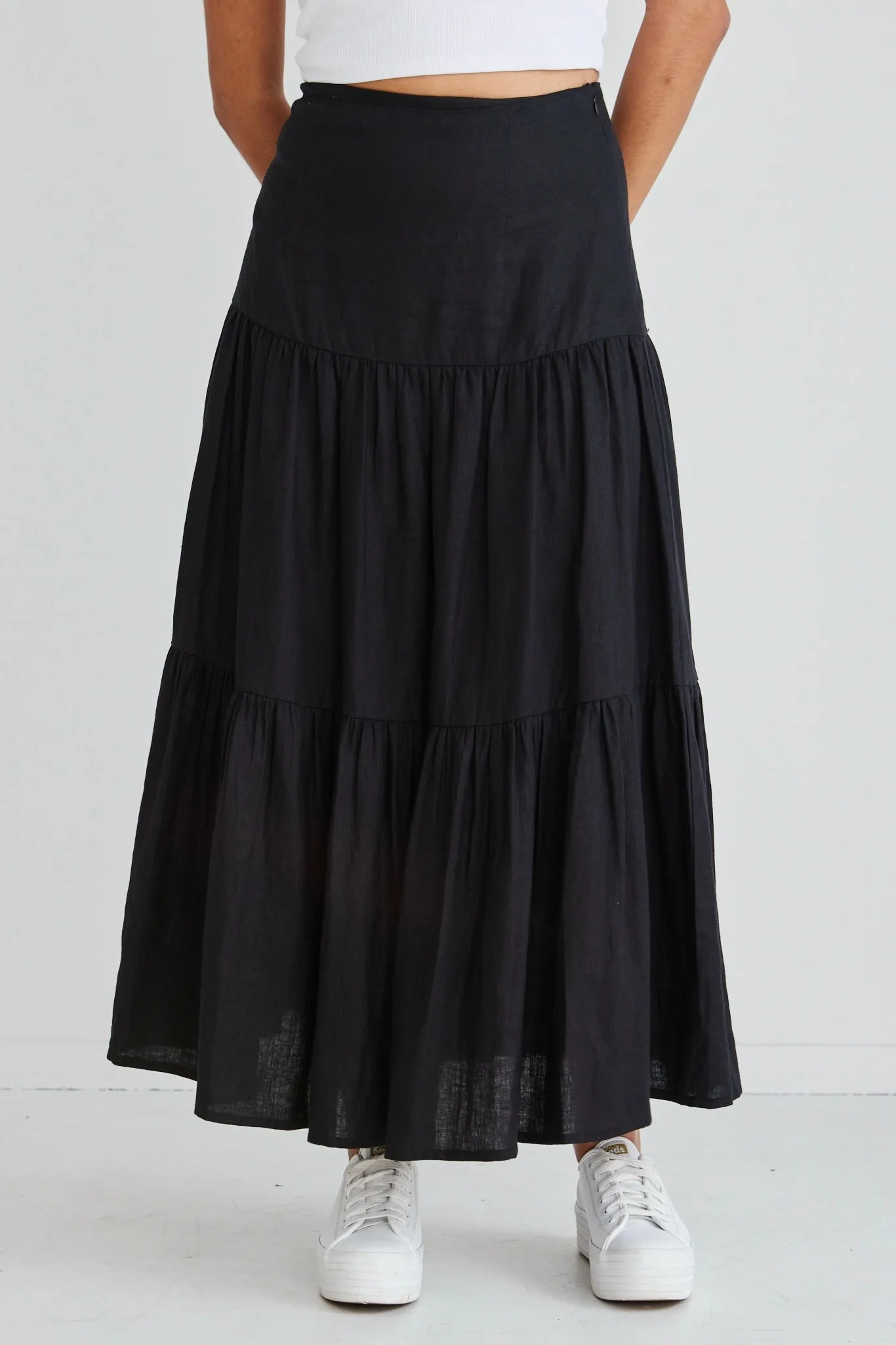 Blazing Black Tiered Linen Midi Skirt