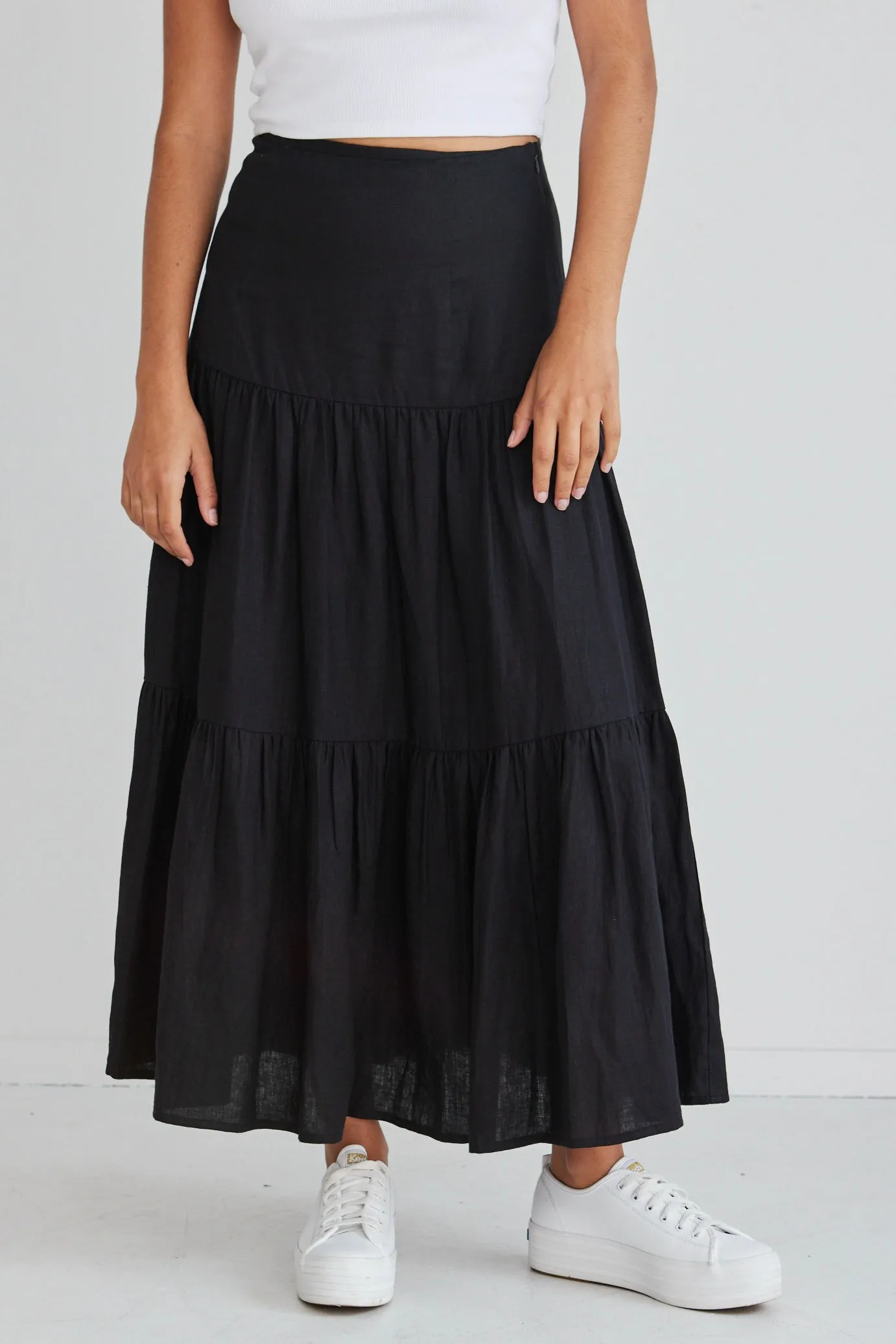 Blazing Black Tiered Linen Midi Skirt