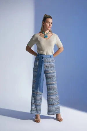 Blue and Colorful Pattern Wide-Leg High-Waist Pants with Belt