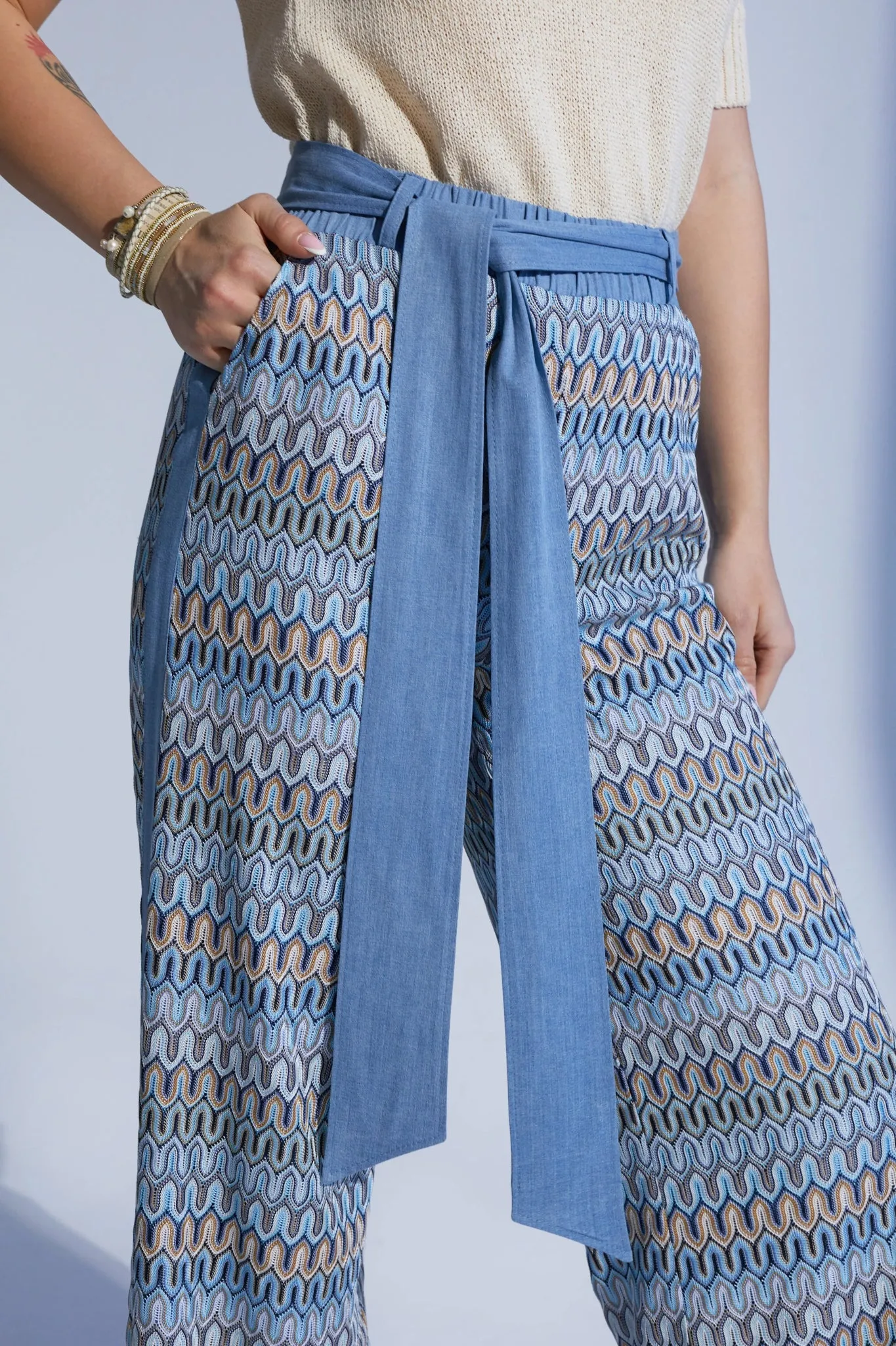 Blue and Colorful Pattern Wide-Leg High-Waist Pants with Belt