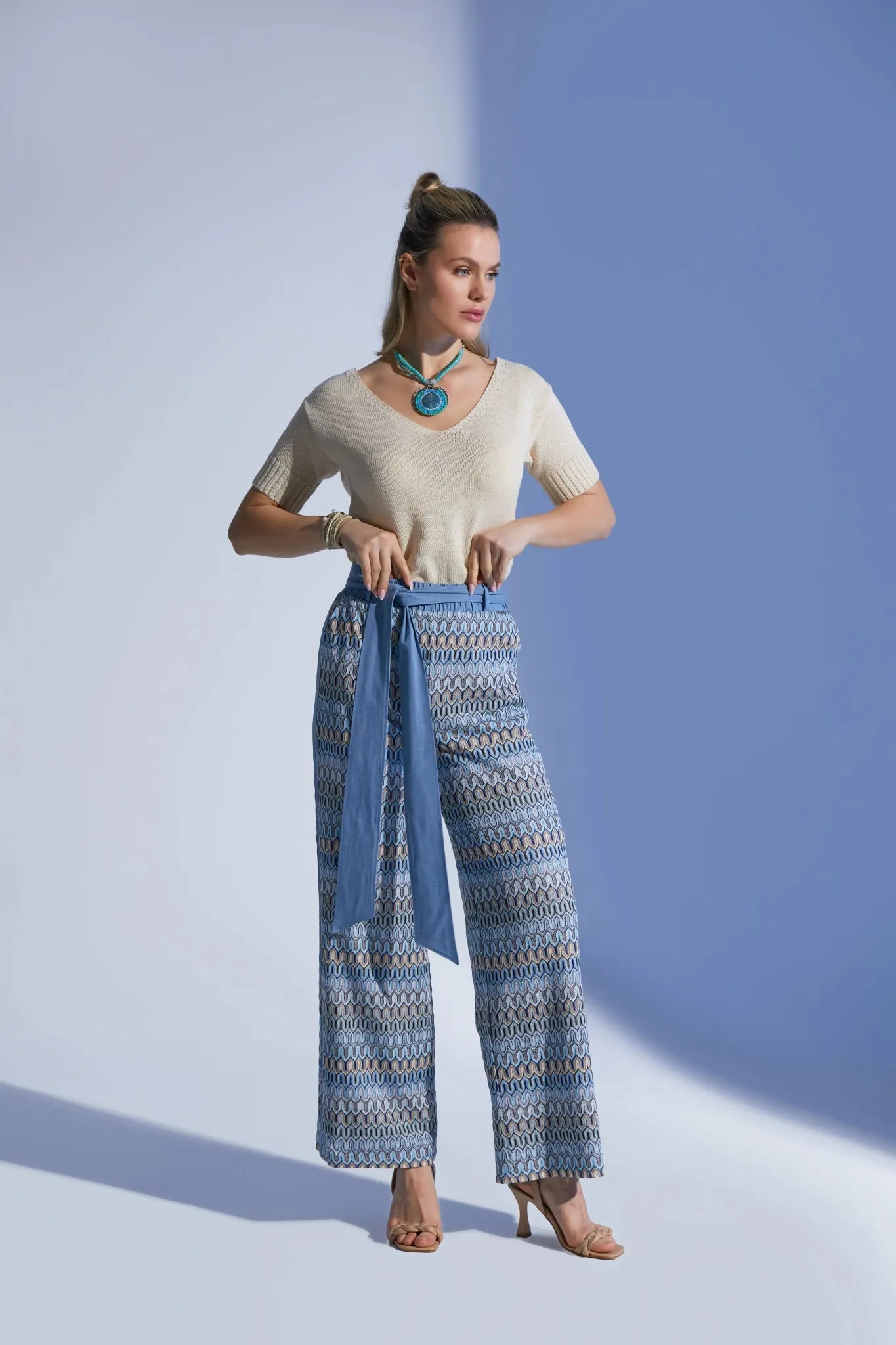 Blue and Colorful Pattern Wide-Leg High-Waist Pants with Belt