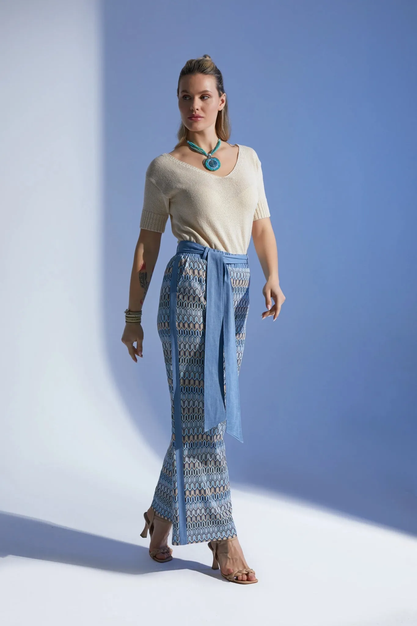 Blue and Colorful Pattern Wide-Leg High-Waist Pants with Belt