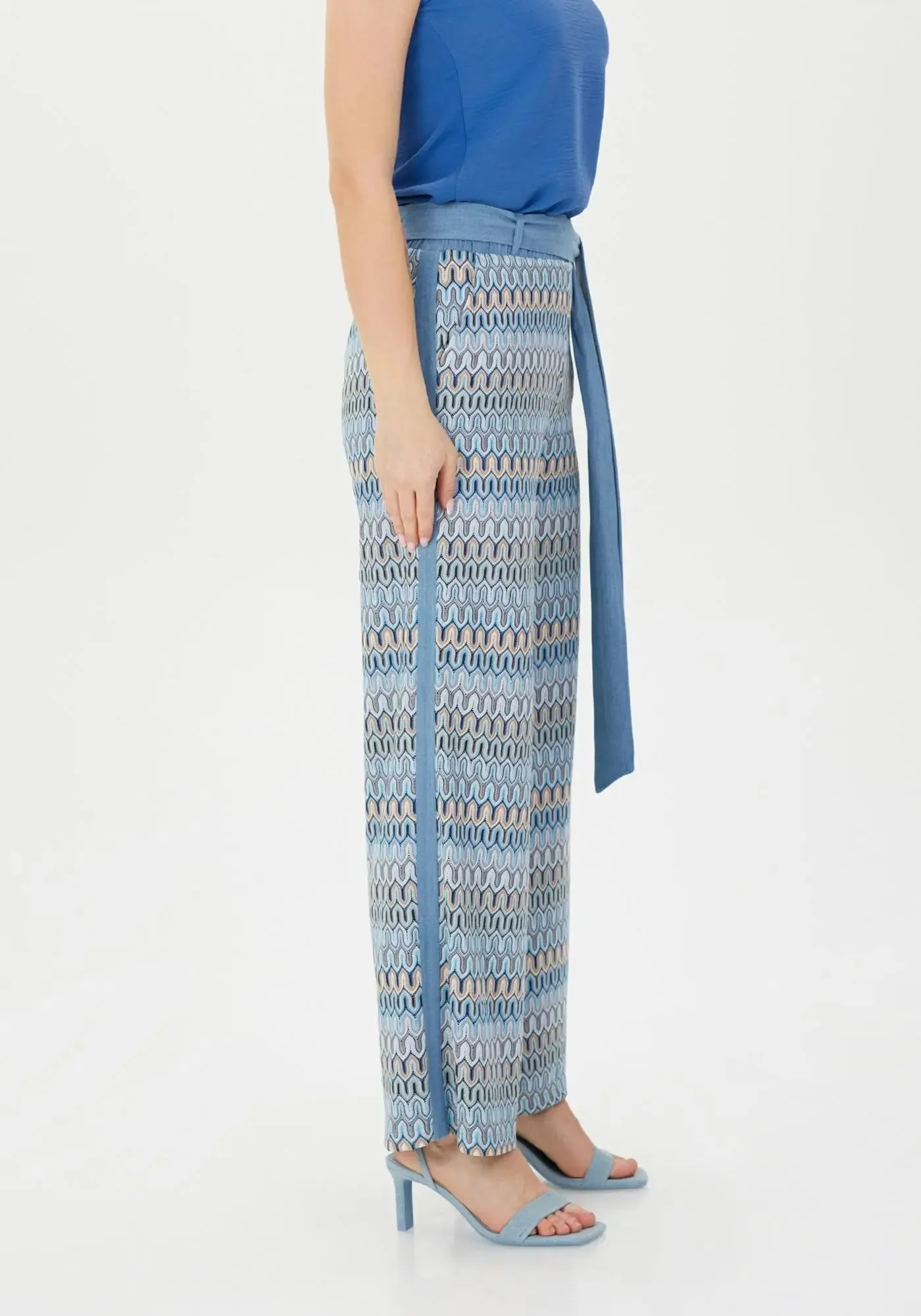 Blue and Colorful Pattern Wide-Leg High-Waist Pants with Belt