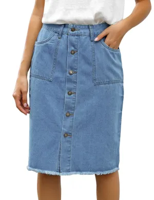 Blue Frayed Hem Button-Down Midi Denim Skirt