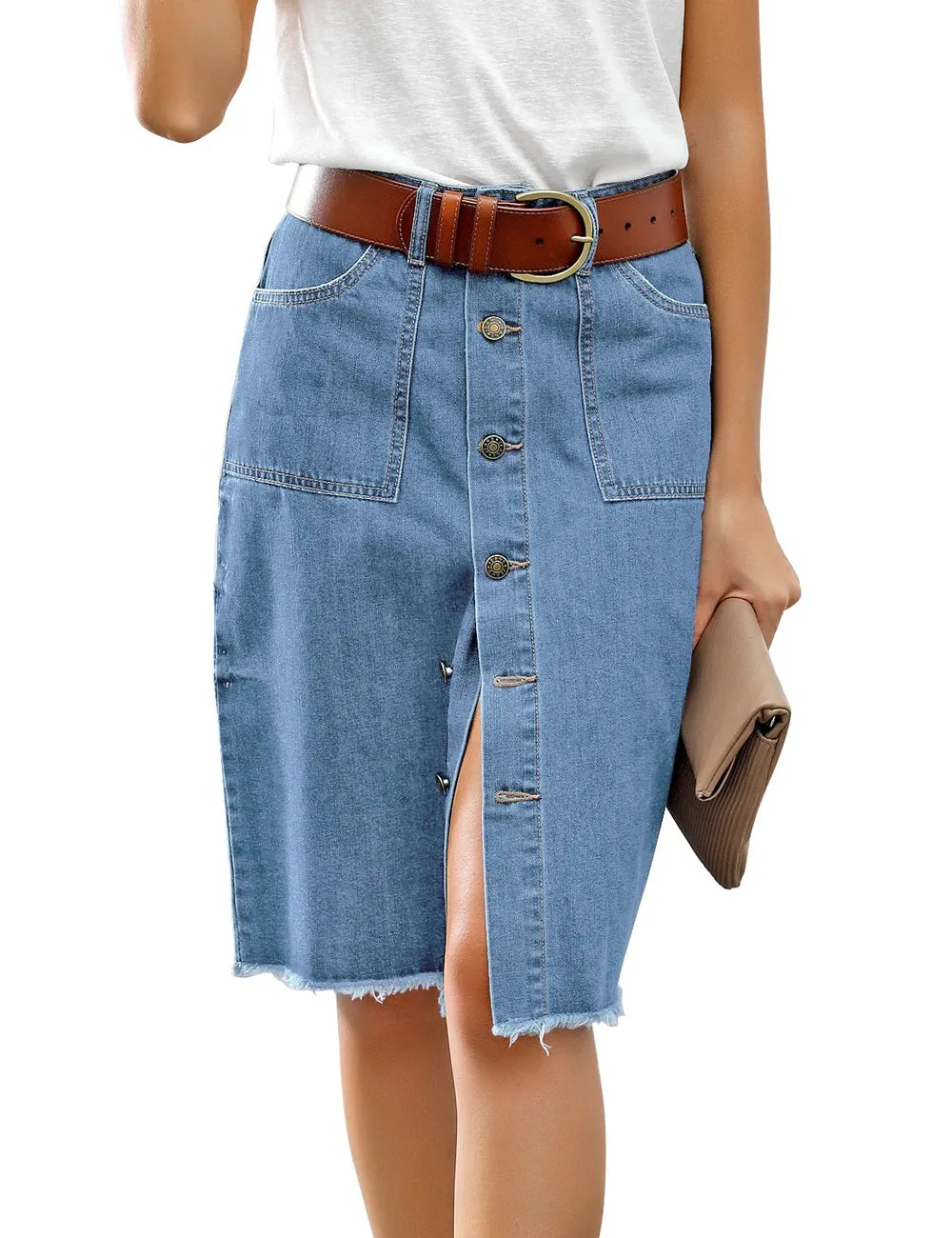 Blue Frayed Hem Button-Down Midi Denim Skirt