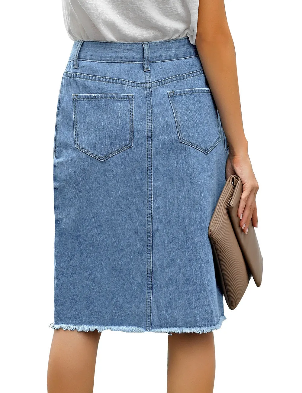 Blue Frayed Hem Button-Down Midi Denim Skirt