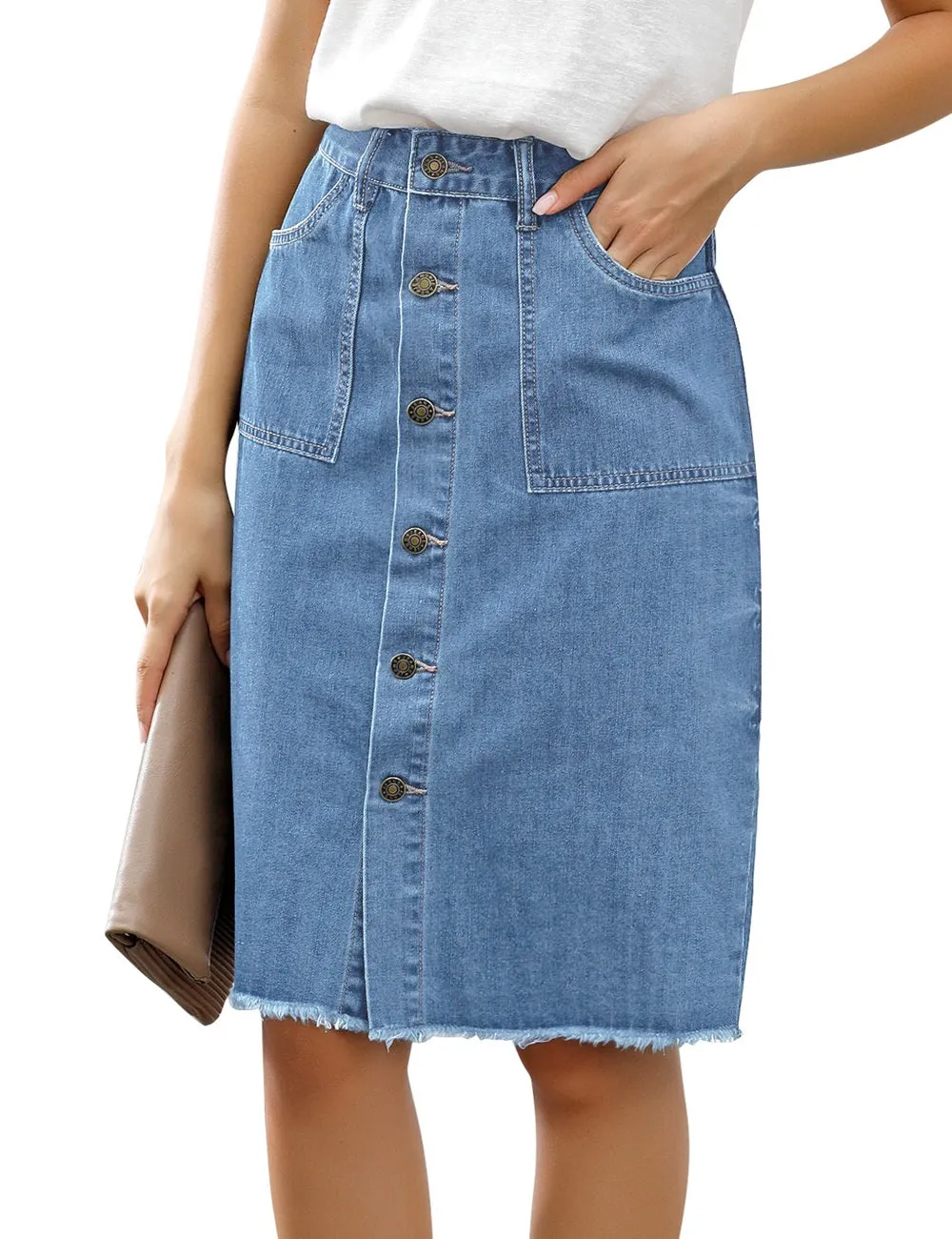 Blue Frayed Hem Button-Down Midi Denim Skirt