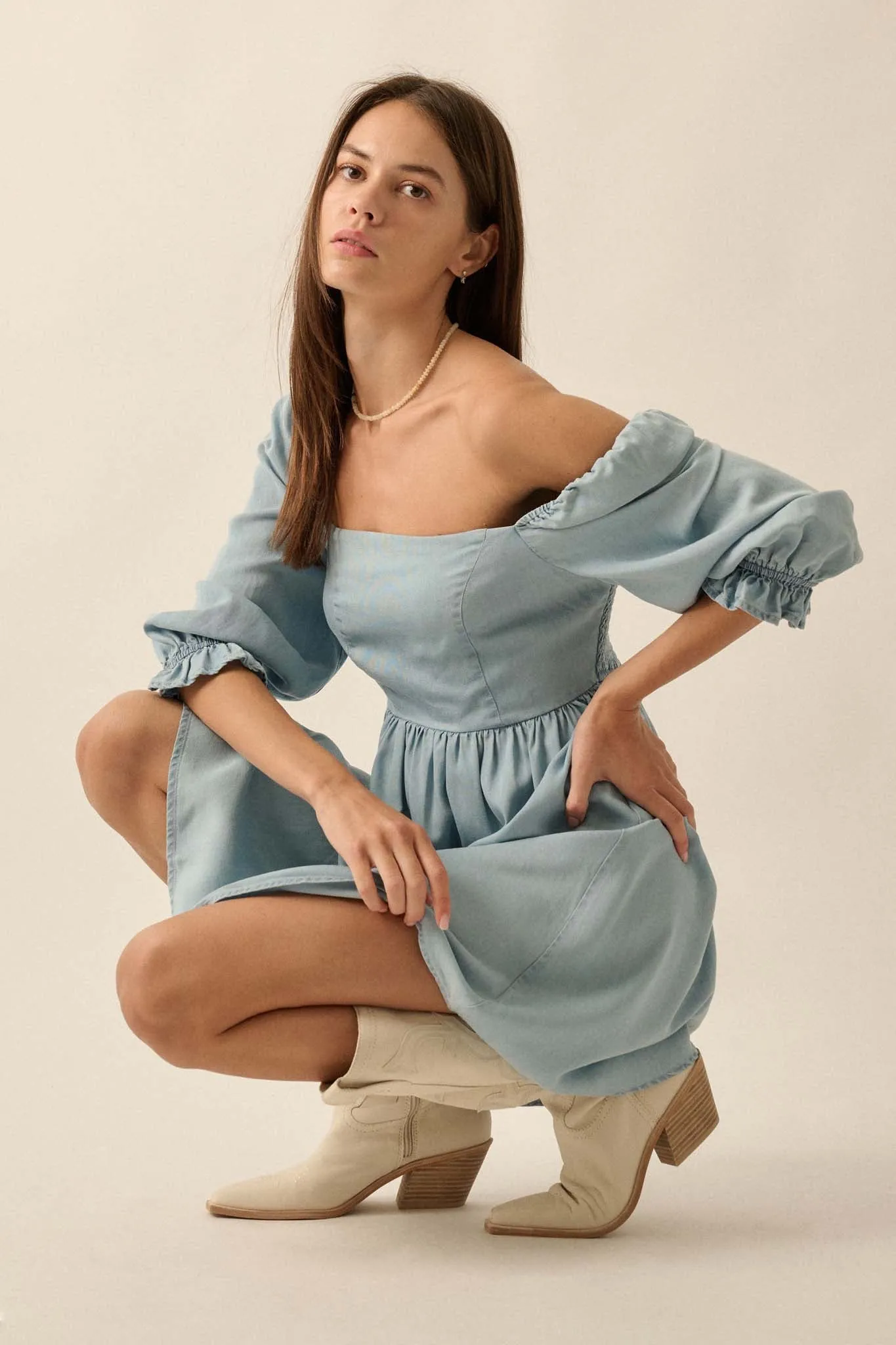 Blue Moon Puff-Sleeve Babydoll Mini Dress