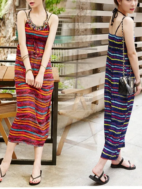 Bohemian Long Skirt Hanging Neck Color Beaded Striped Beach Dress Long Dress