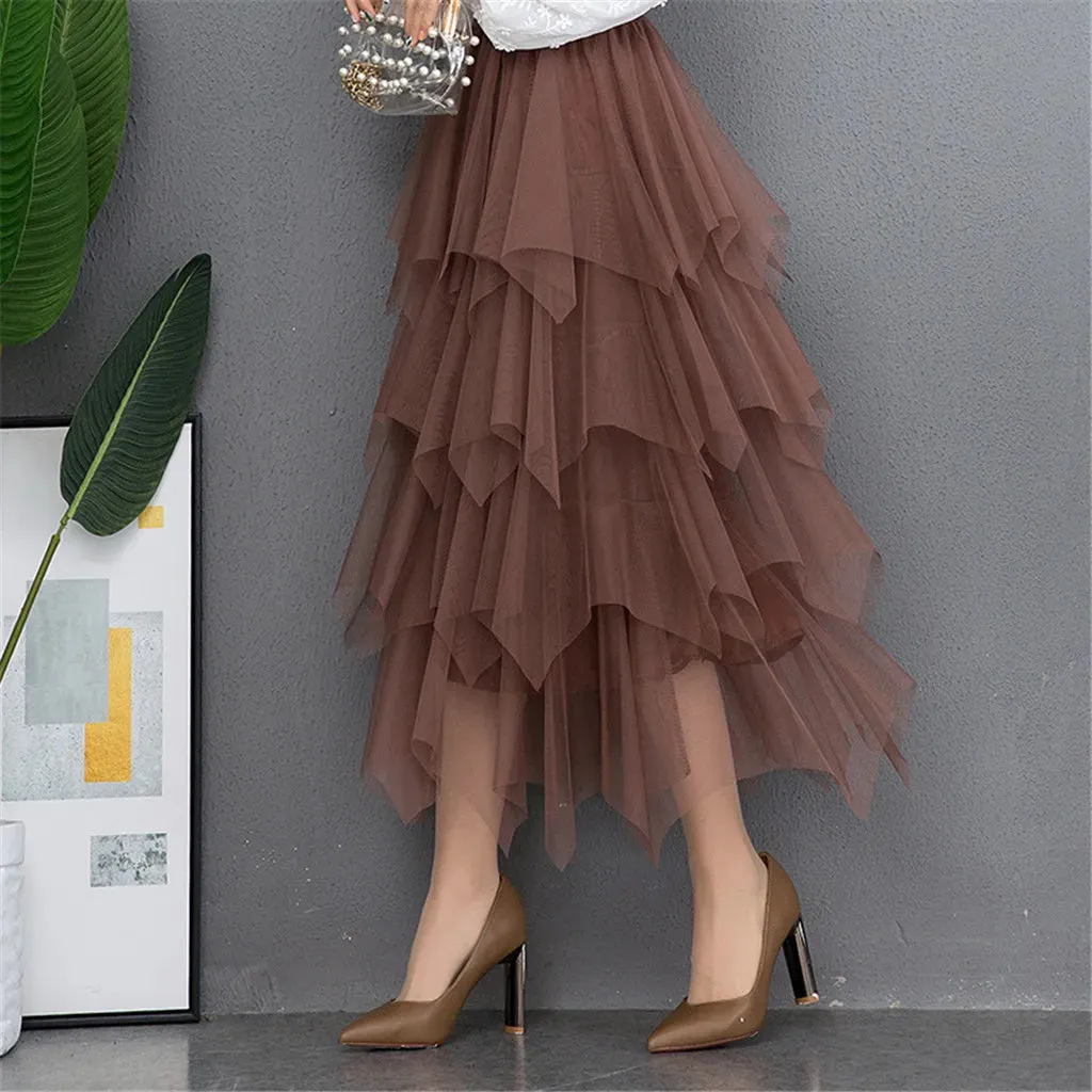 Bohemian Skirt Fashion Irregular Tulle Skirt Solid Color Streetwear High Waist Midi Mesh New Skirt