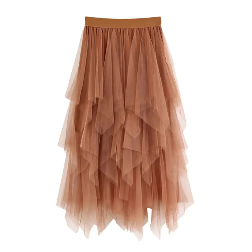 Bohemian Skirt Fashion Irregular Tulle Skirt Solid Color Streetwear High Waist Midi Mesh New Skirt