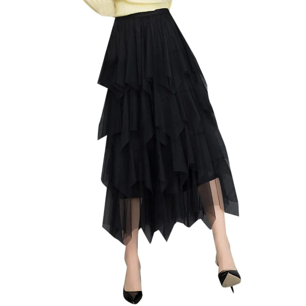 Bohemian Skirt Fashion Irregular Tulle Skirt Solid Color Streetwear High Waist Midi Mesh New Skirt