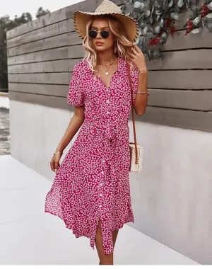 Boho Chic Floral Print V-Neck Button Beach Casual Summer Midi Dress