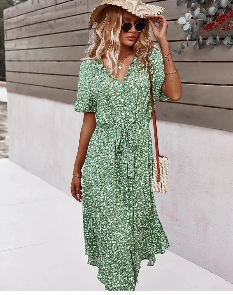 Boho Chic Floral Print V-Neck Button Beach Casual Summer Midi Dress