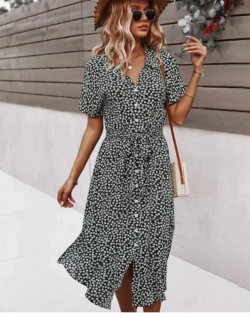 Boho Chic Floral Print V-Neck Button Beach Casual Summer Midi Dress