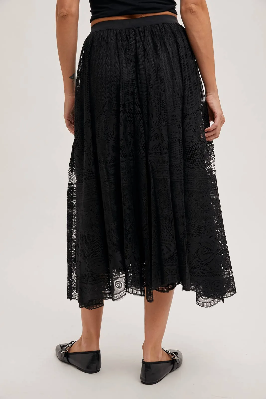 BOHO LACE MIDI SKIRT WITH LINING: Black