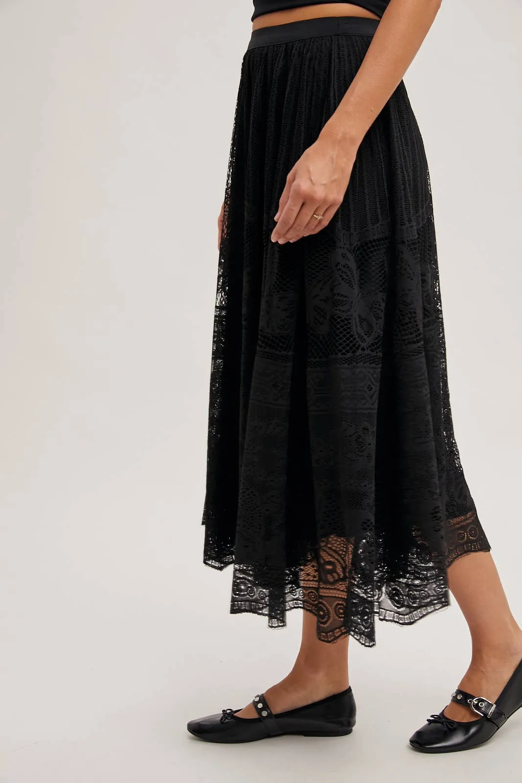 BOHO LACE MIDI SKIRT WITH LINING: Black