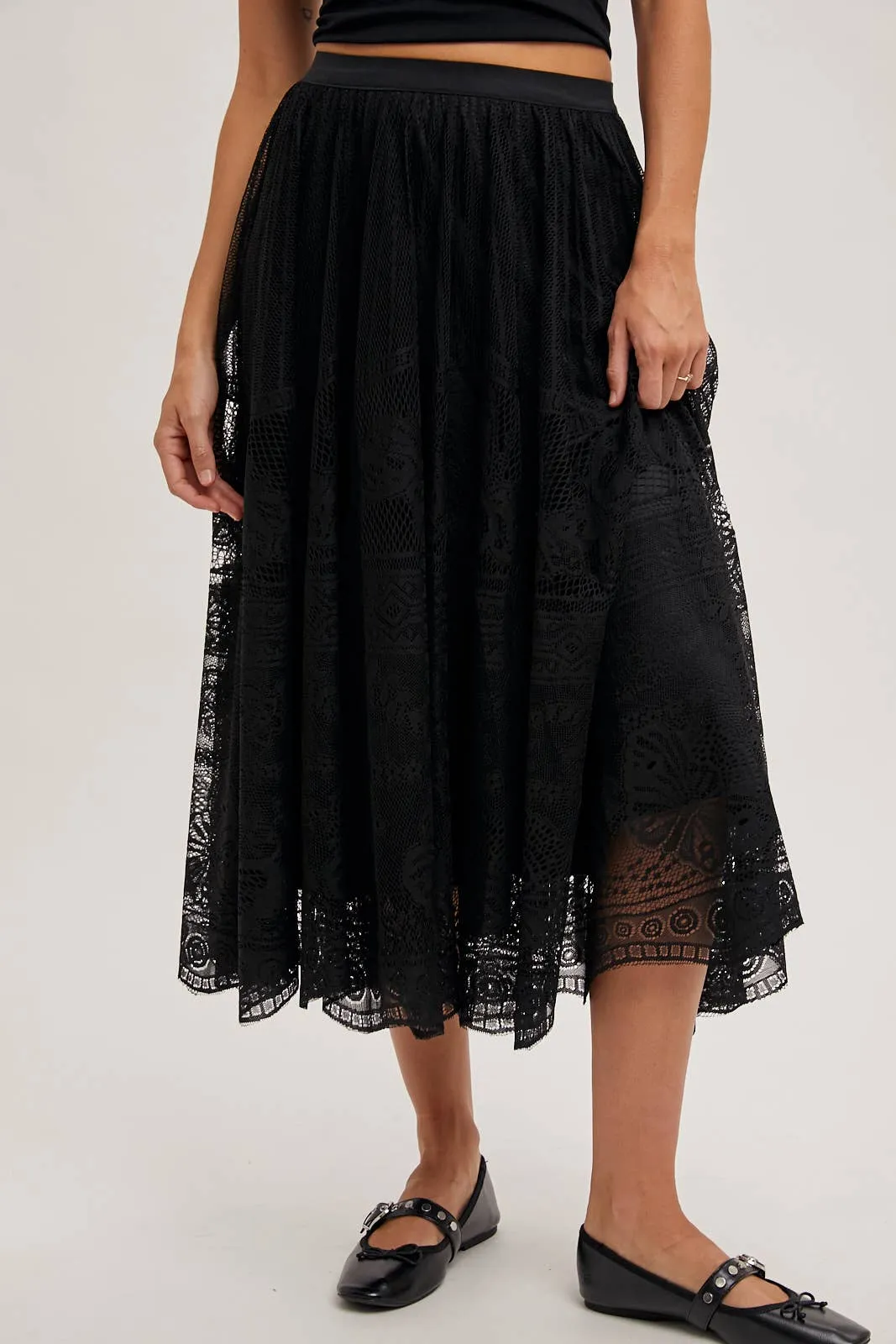 BOHO LACE MIDI SKIRT WITH LINING: Black