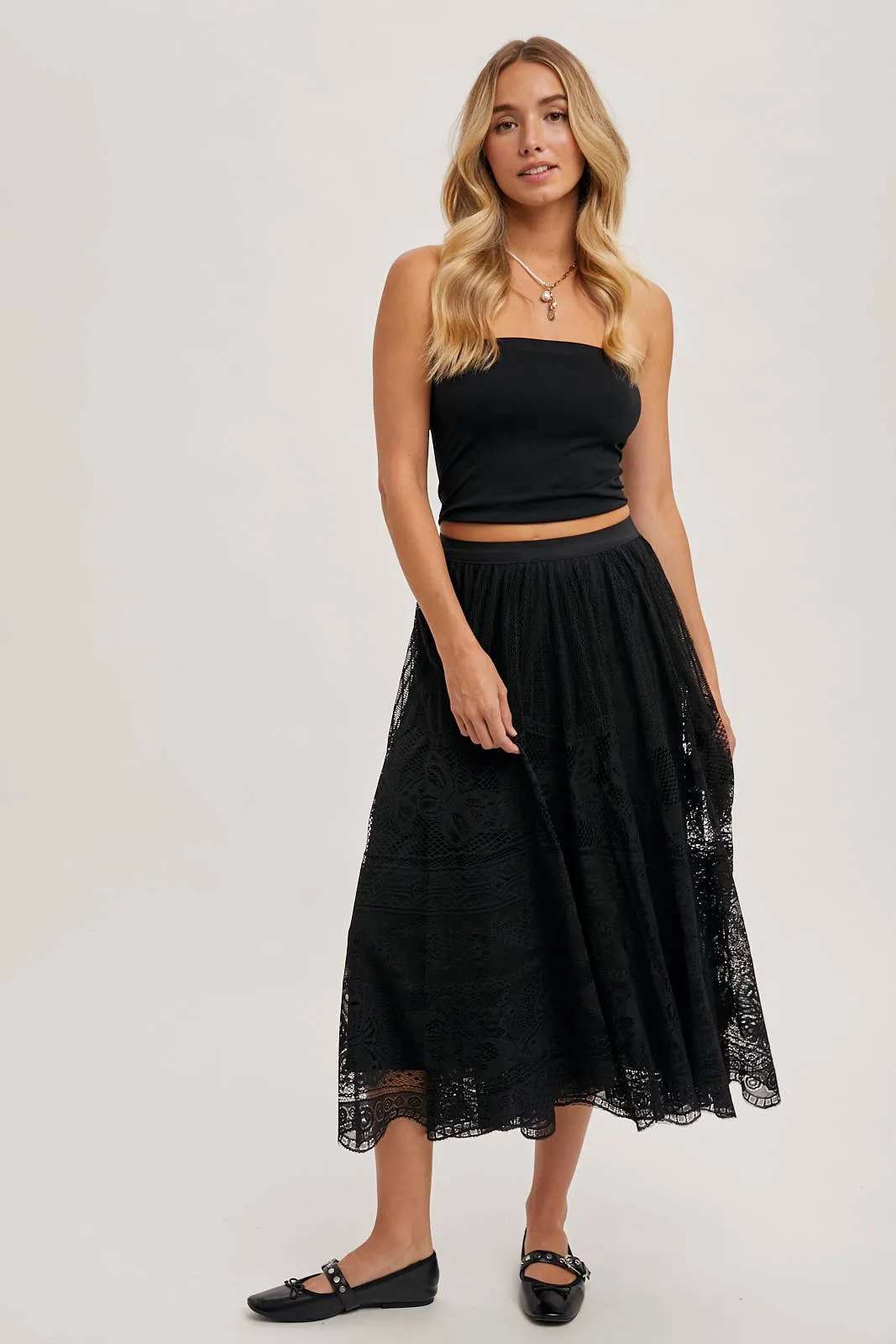 BOHO LACE MIDI SKIRT WITH LINING: Black