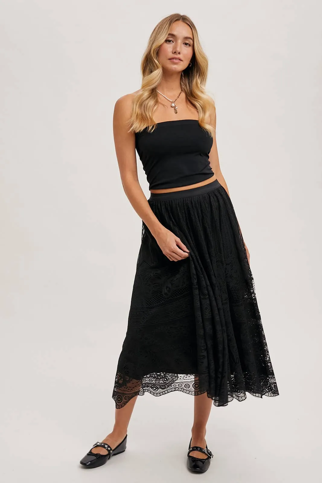 BOHO LACE MIDI SKIRT WITH LINING: Black