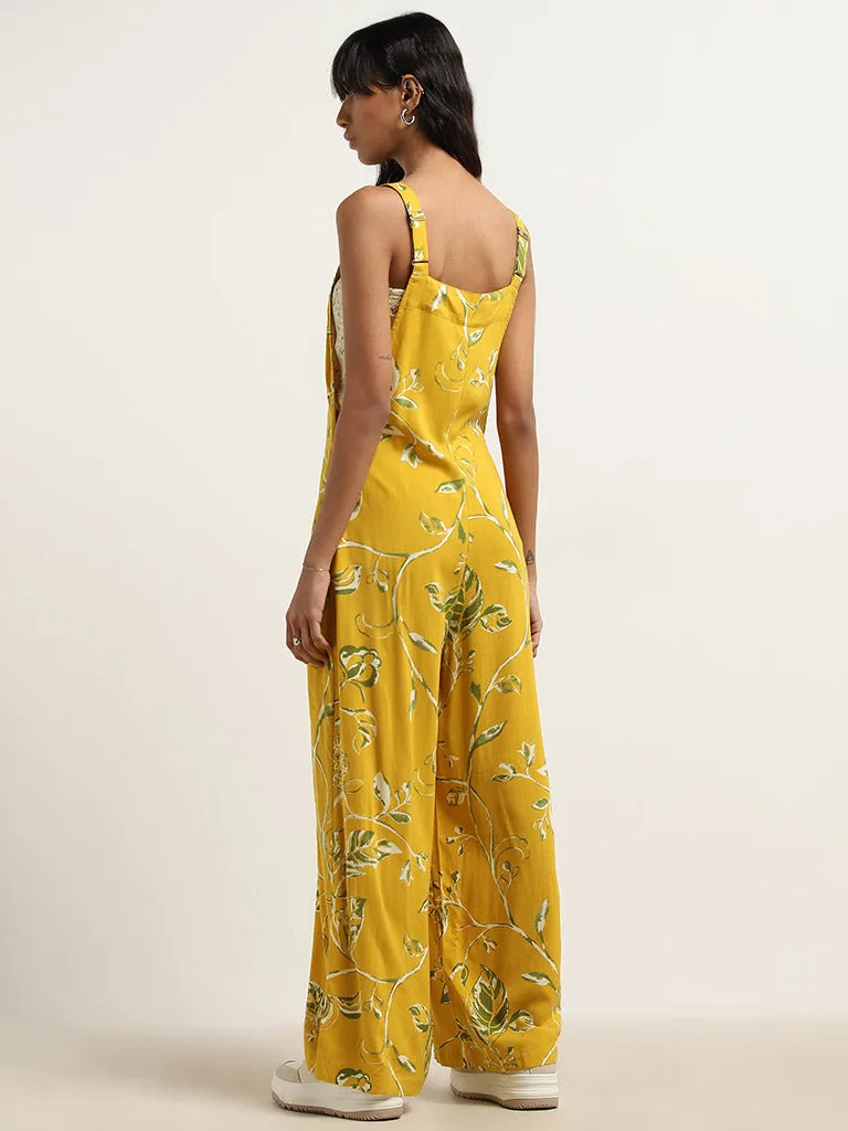 Bombay Paisley Yellow Leaf Printed Jumpsuit with Top Set