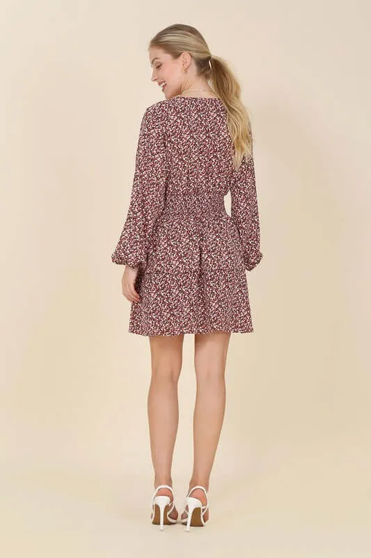 Burgundy Floral Babydoll Long Sleeve Mini Dress