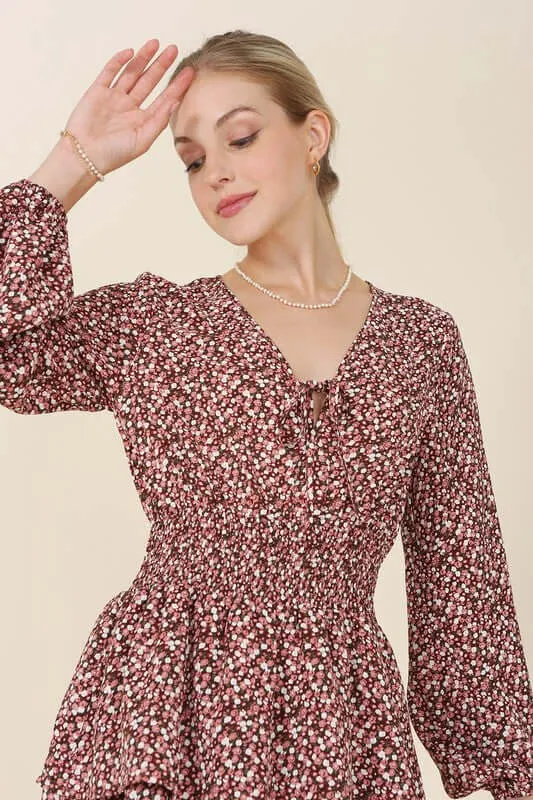 Burgundy Floral Babydoll Long Sleeve Mini Dress