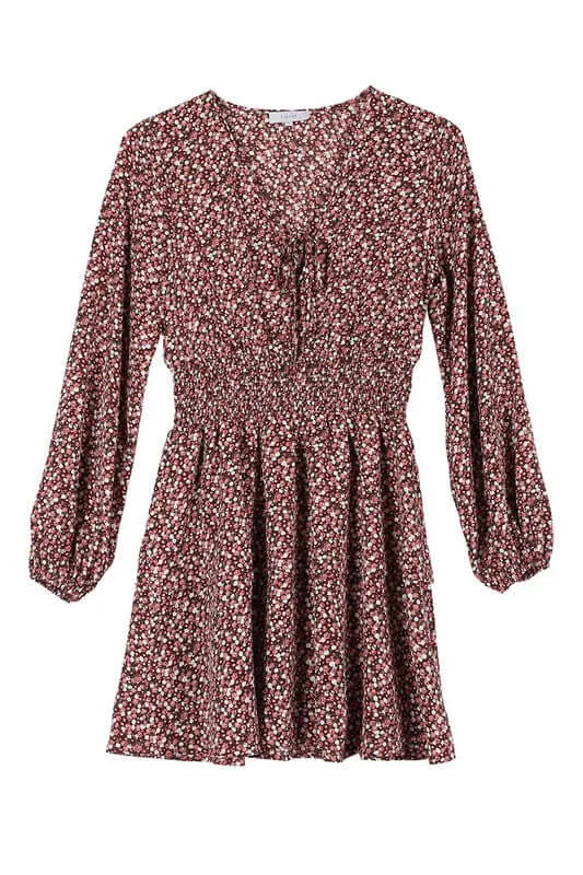 Burgundy Floral Babydoll Long Sleeve Mini Dress