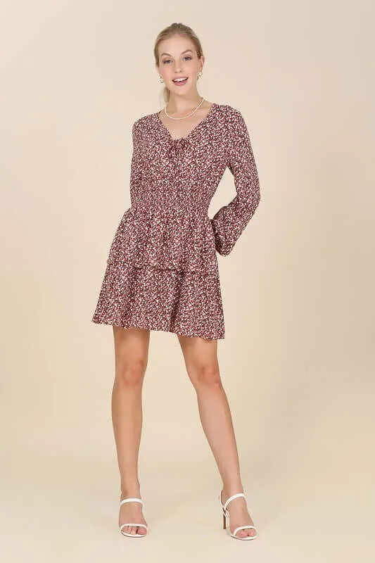 Burgundy Floral Babydoll Long Sleeve Mini Dress