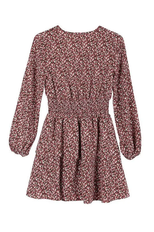 Burgundy Floral Babydoll Long Sleeve Mini Dress