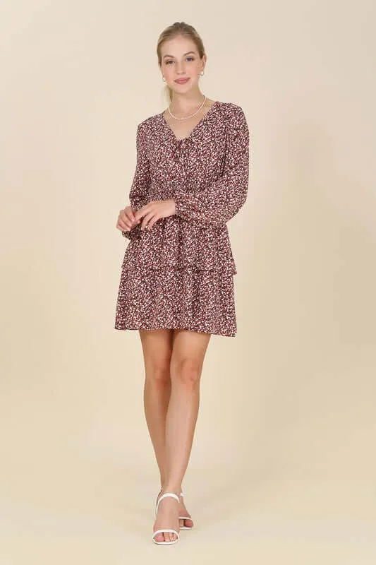 Burgundy Floral Babydoll Long Sleeve Mini Dress