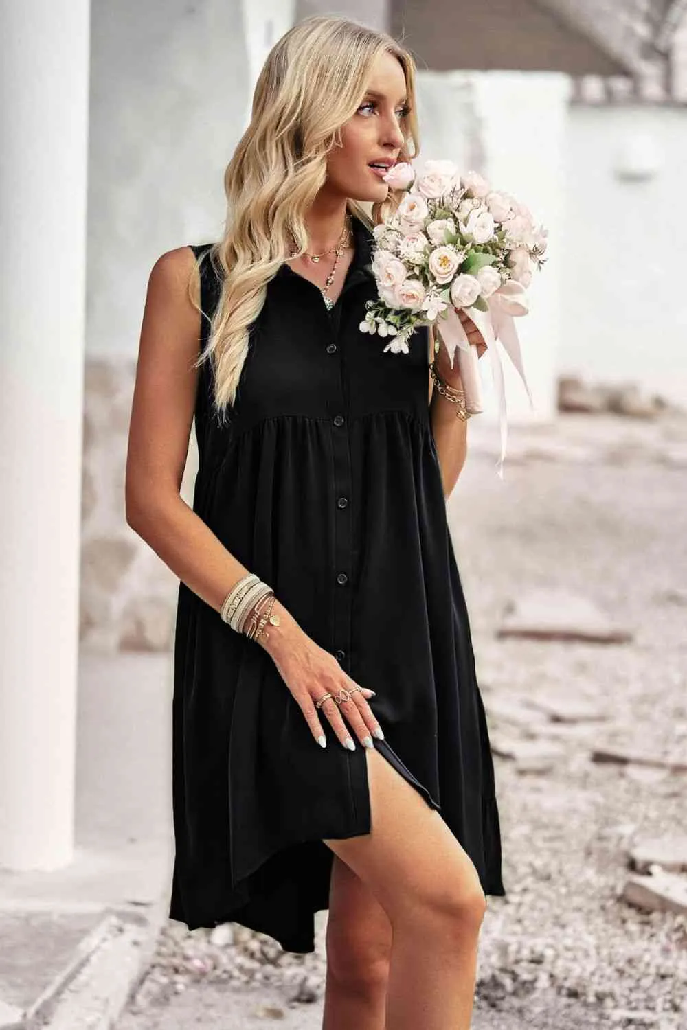 Button Down Collared Sleeveless Dress