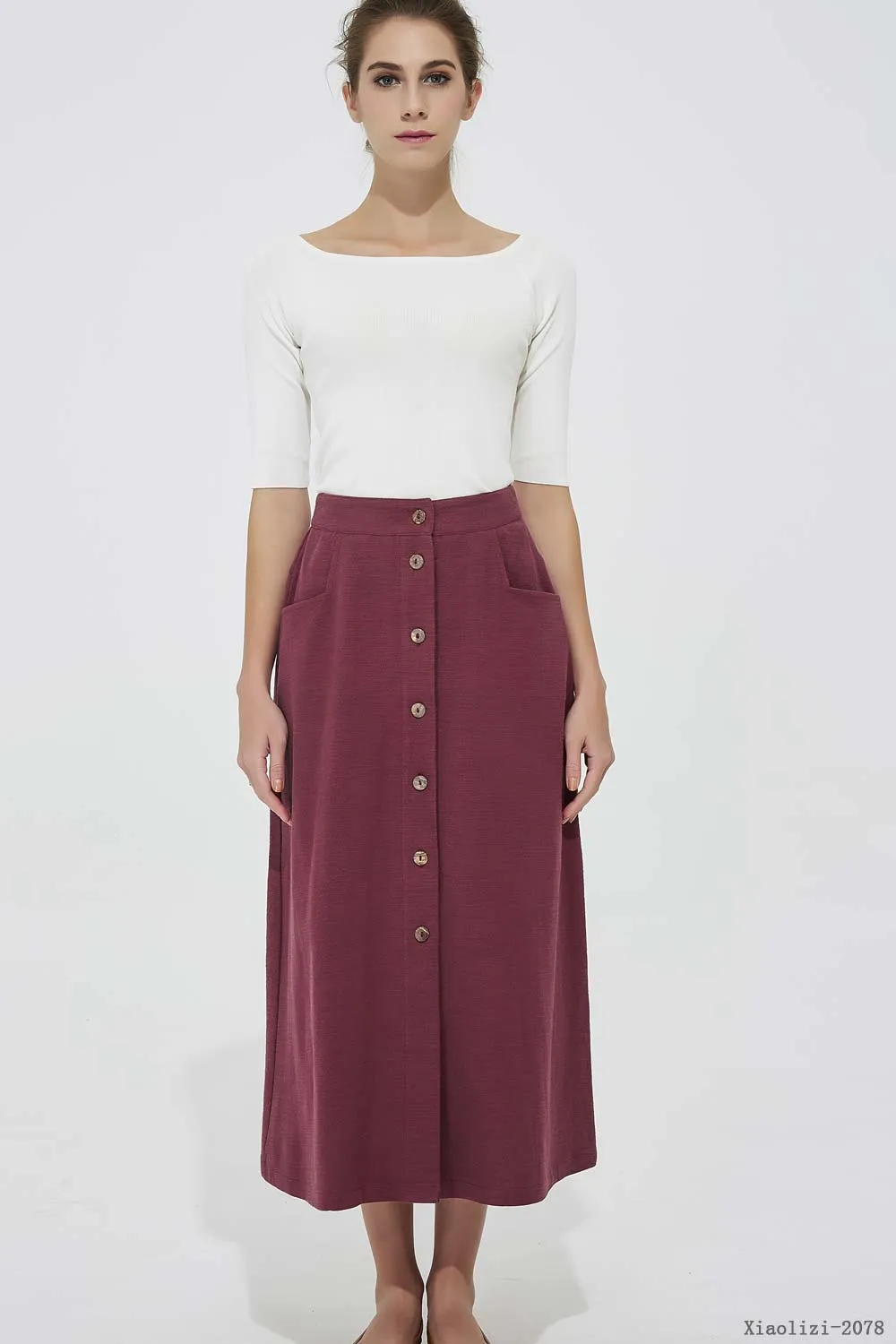 buttoned linen skirt, office skirt for women 2078