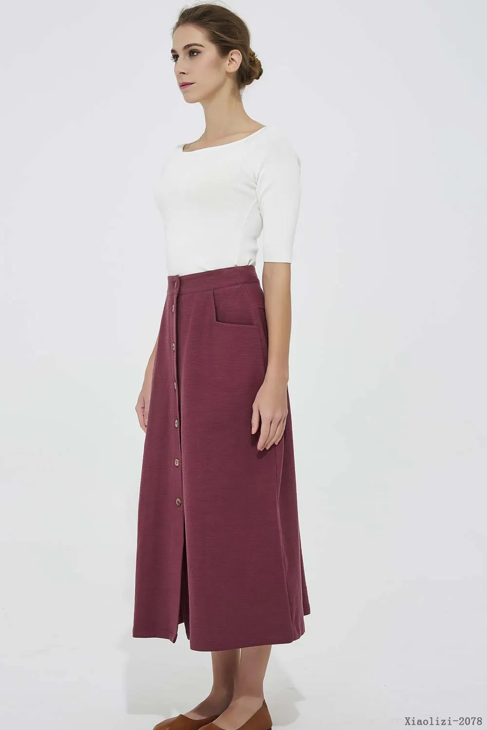 buttoned linen skirt, office skirt for women 2078