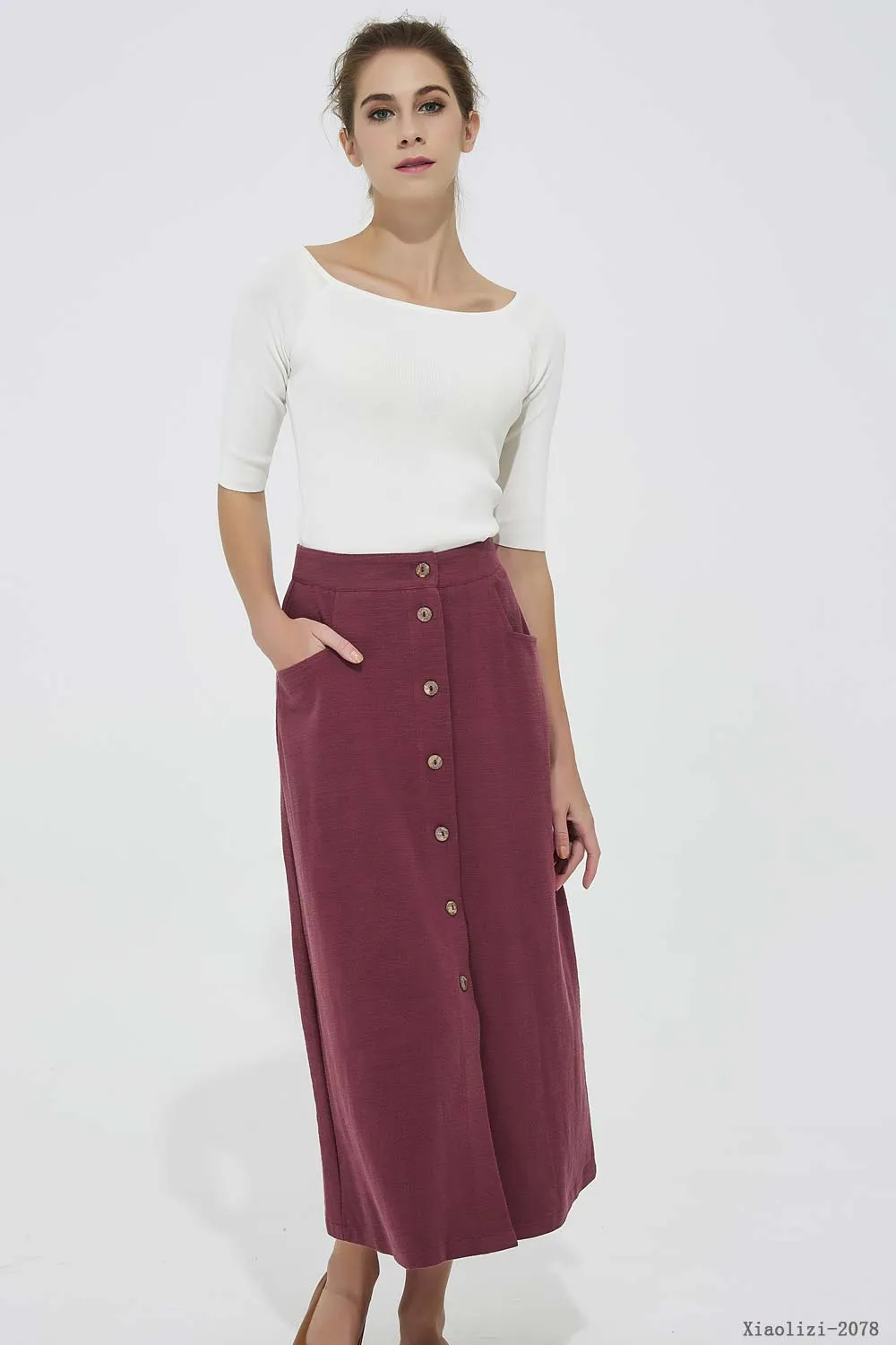 buttoned linen skirt, office skirt for women 2078