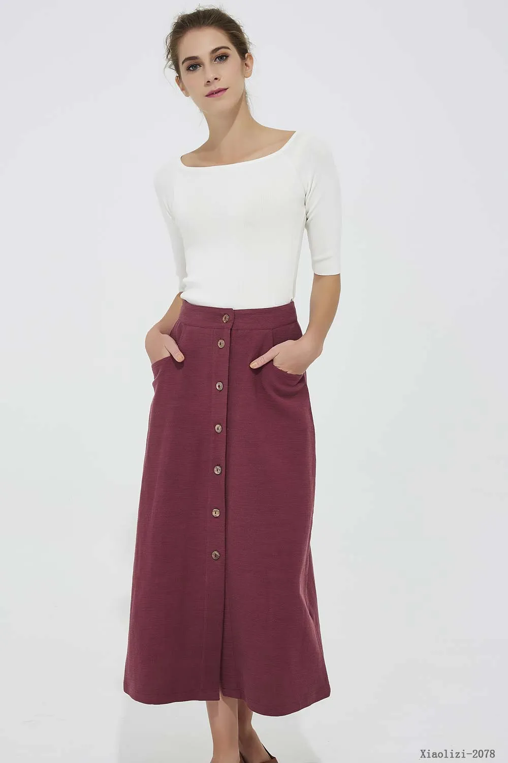 buttoned linen skirt, office skirt for women 2078