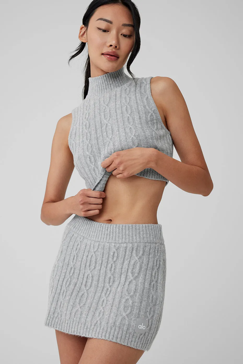 Cable Knit Winter Bliss Mock Neck Tank - Athletic Heather Grey