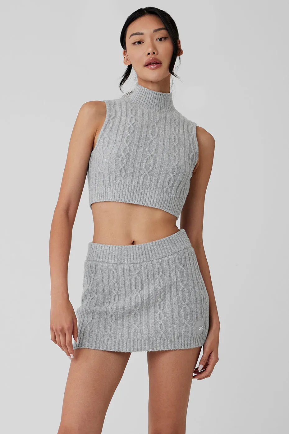 Cable Knit Winter Bliss Mock Neck Tank - Athletic Heather Grey