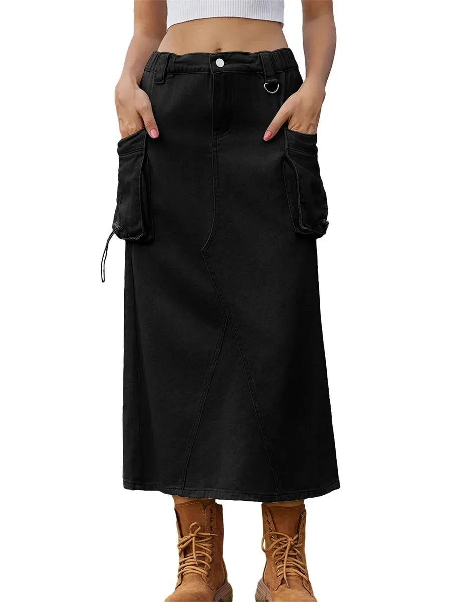 Cargo Solid Color Drawstring Denim with Pockets Y2k Long Streetwear Midi Skirt