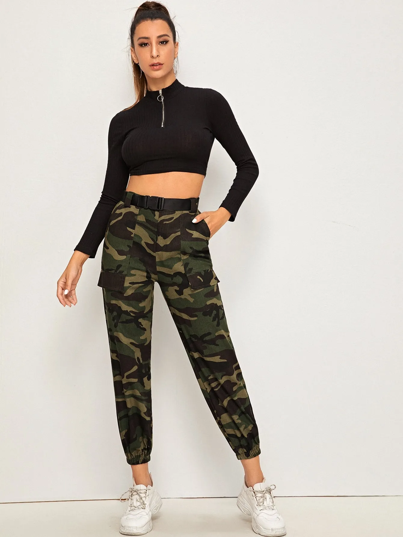 Casual Camo Belted Natural Cropped Women Pants