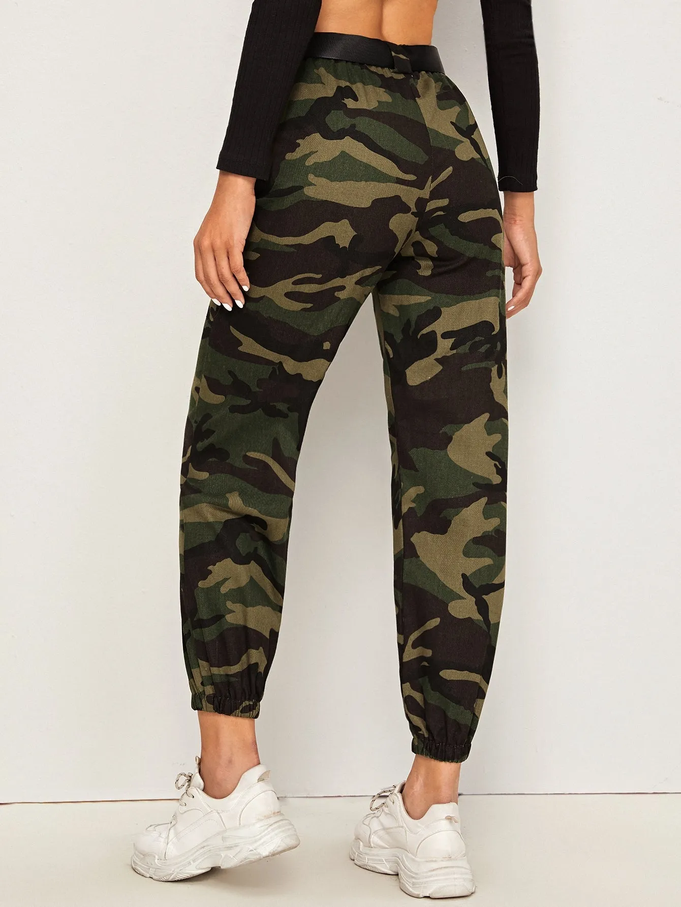 Casual Camo Belted Natural Cropped Women Pants