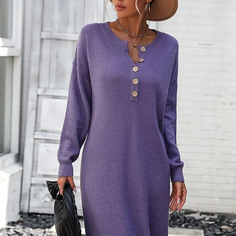 Casual Loose Knitted Sweater Button Solid Full Sleeve Midi Dress for Autumn/Winter