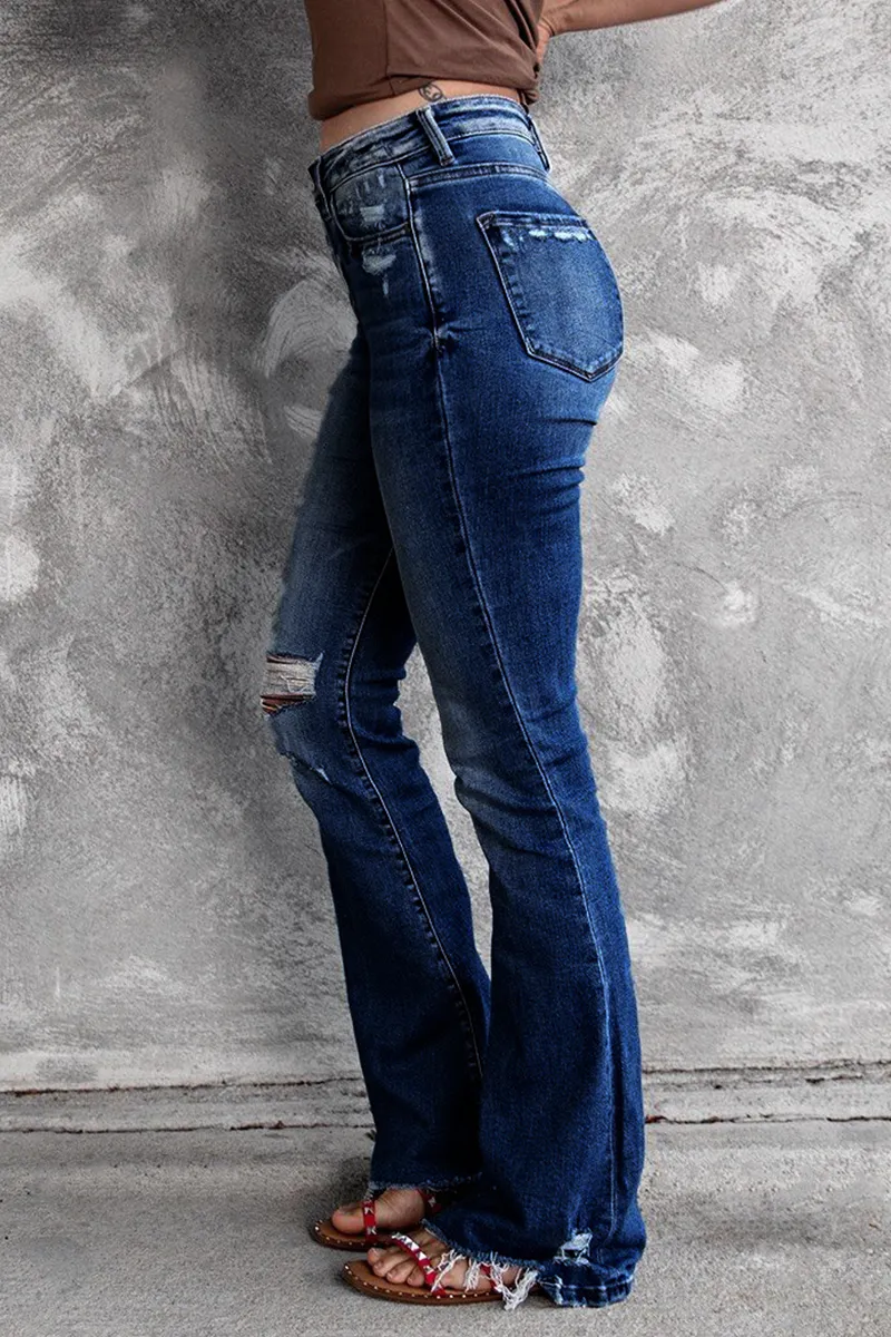 Casual Vintage Solid Ripped High Waist Regular Denim Jeans