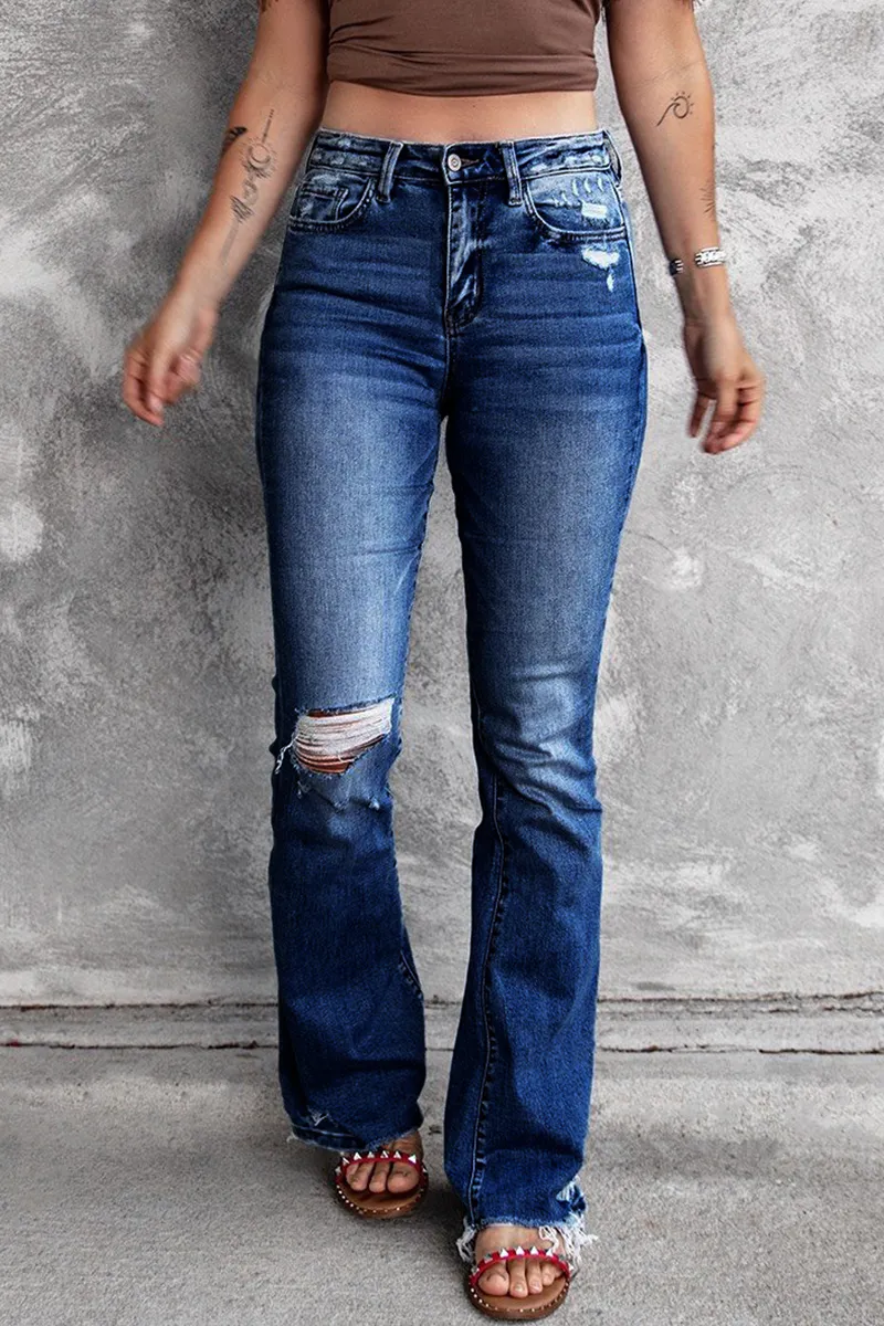 Casual Vintage Solid Ripped High Waist Regular Denim Jeans