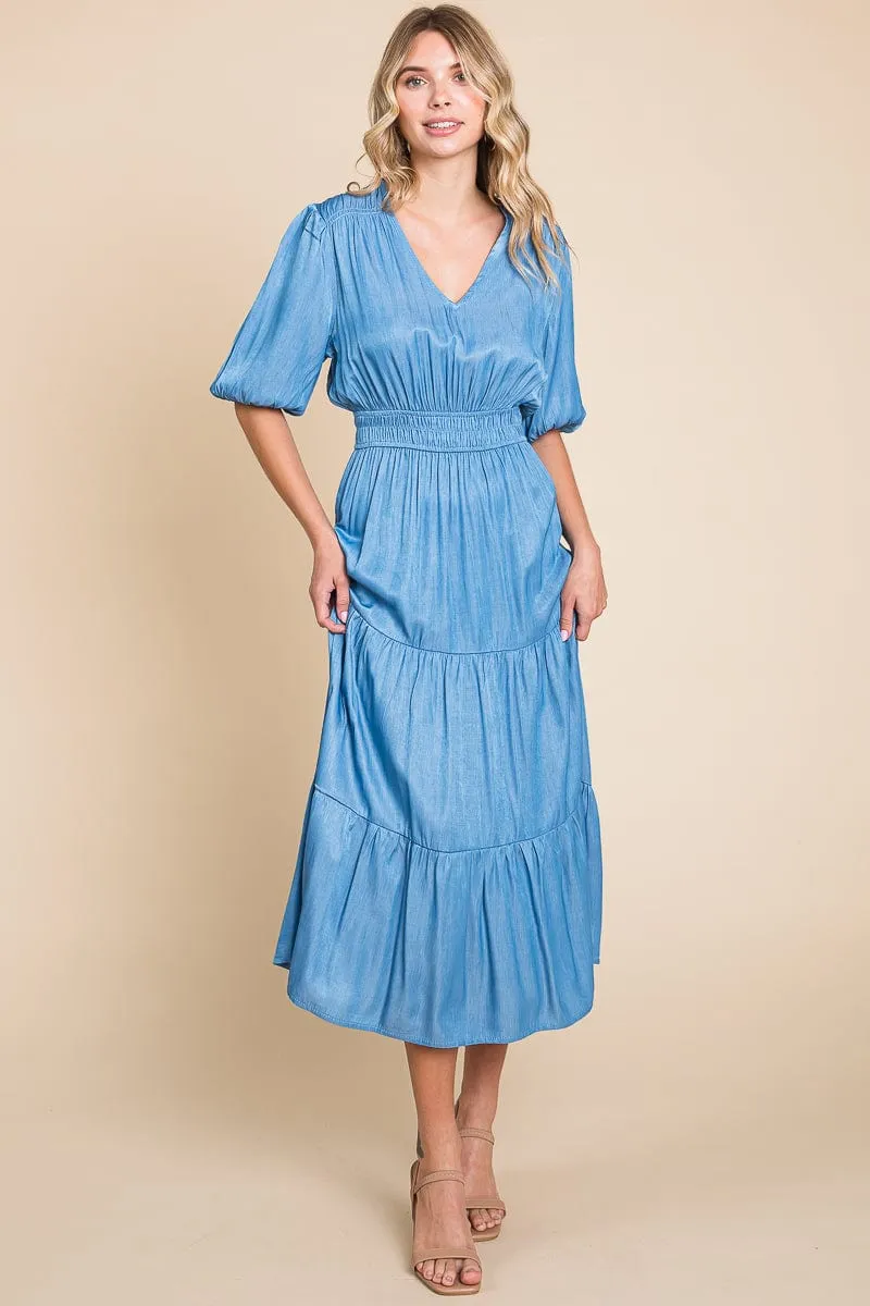 Chambray Tiered V Neck Smocked Waist Midi Dress