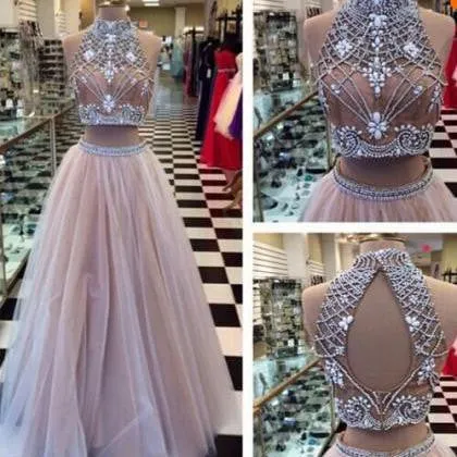 Champagne Bead Top Tulle Halter Neck Two Piece Prom Dress