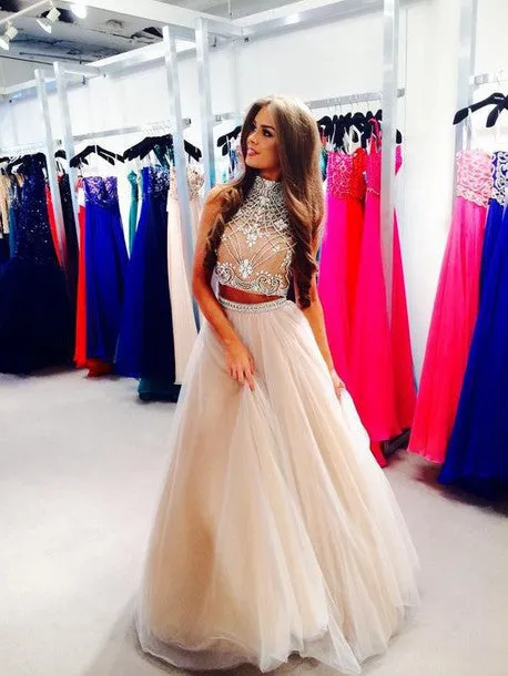 Champagne Bead Top Tulle Halter Neck Two Piece Prom Dress